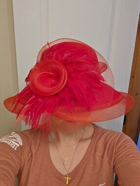 Elegant Women's Red Feather Dress Hat - Unbranded